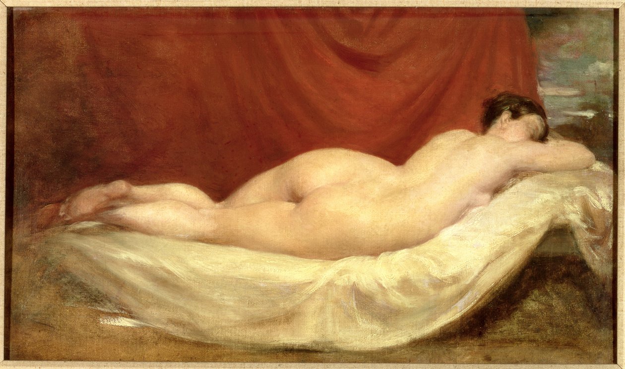 Nackte auf einem Sofa vor einem roten Vorhang liegend von William Etty