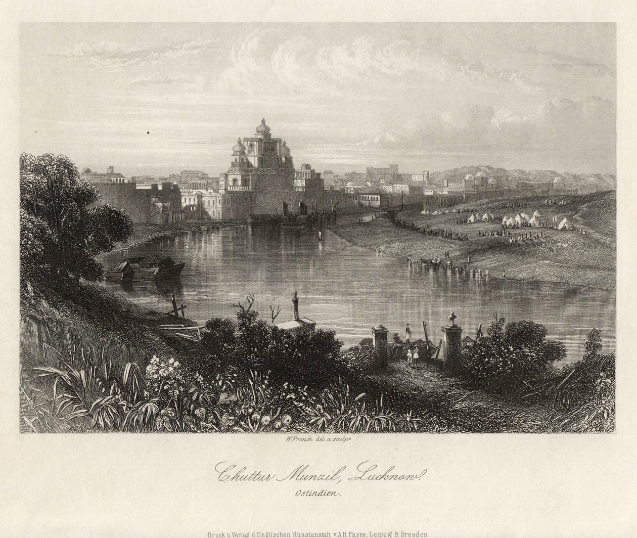 Gesamtansicht über den Gomati, Chuttur Munzil, Lucknow von William French