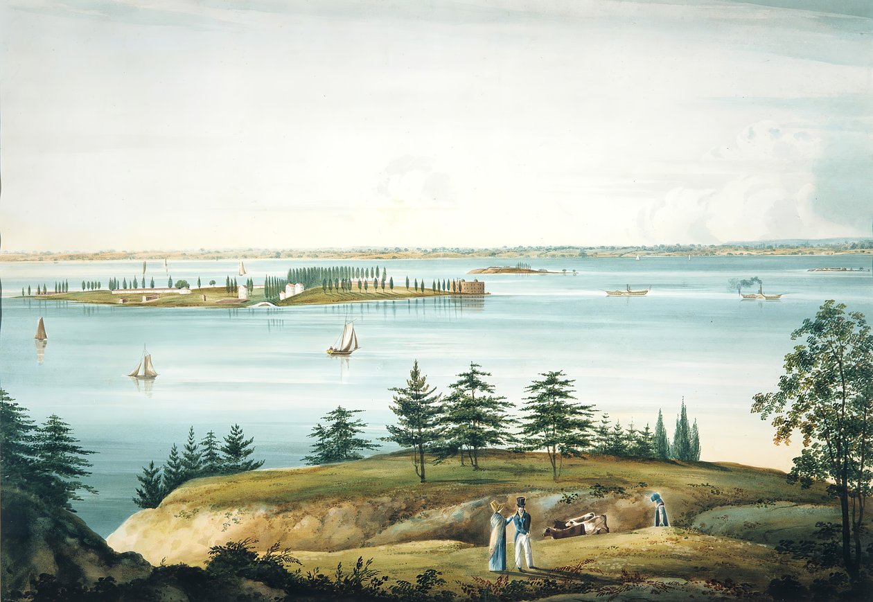 Die Bucht von New York und Governors Island von Brooklyn Heights aus gesehen, 1820-25 von William Guy Wall