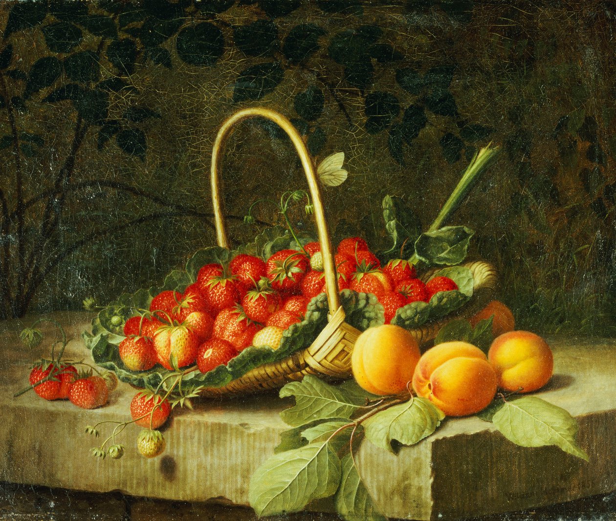 Ein Korb Erdbeeren mit Pfirsichen auf einem Stein Sims, 1856 von William Hammer