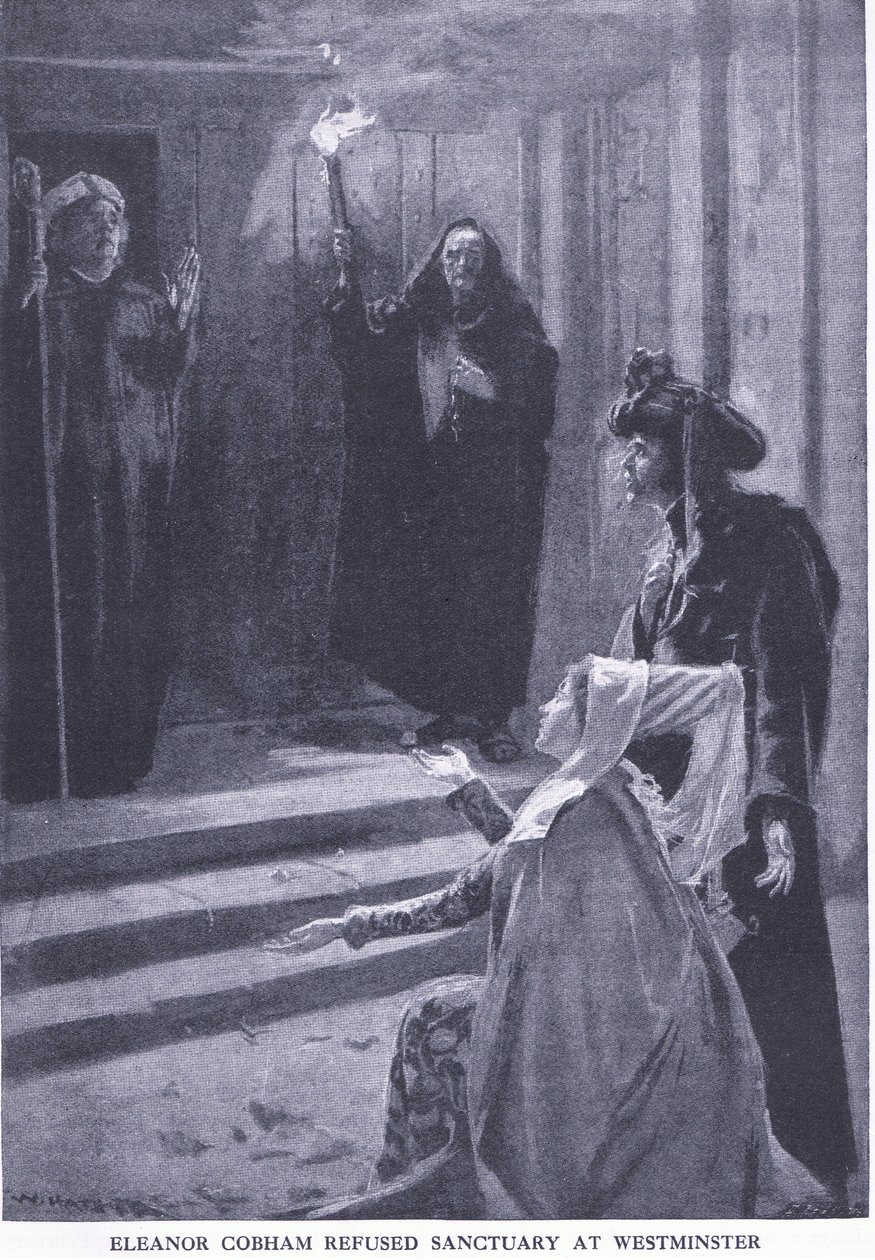 Eleanor Cobham verweigert Zuflucht in Westminster, aus Cassells Geschichte des britischen Volkes veröffentlicht von der Waverley Book Company Limited, ca. 1940 von William Hatherell