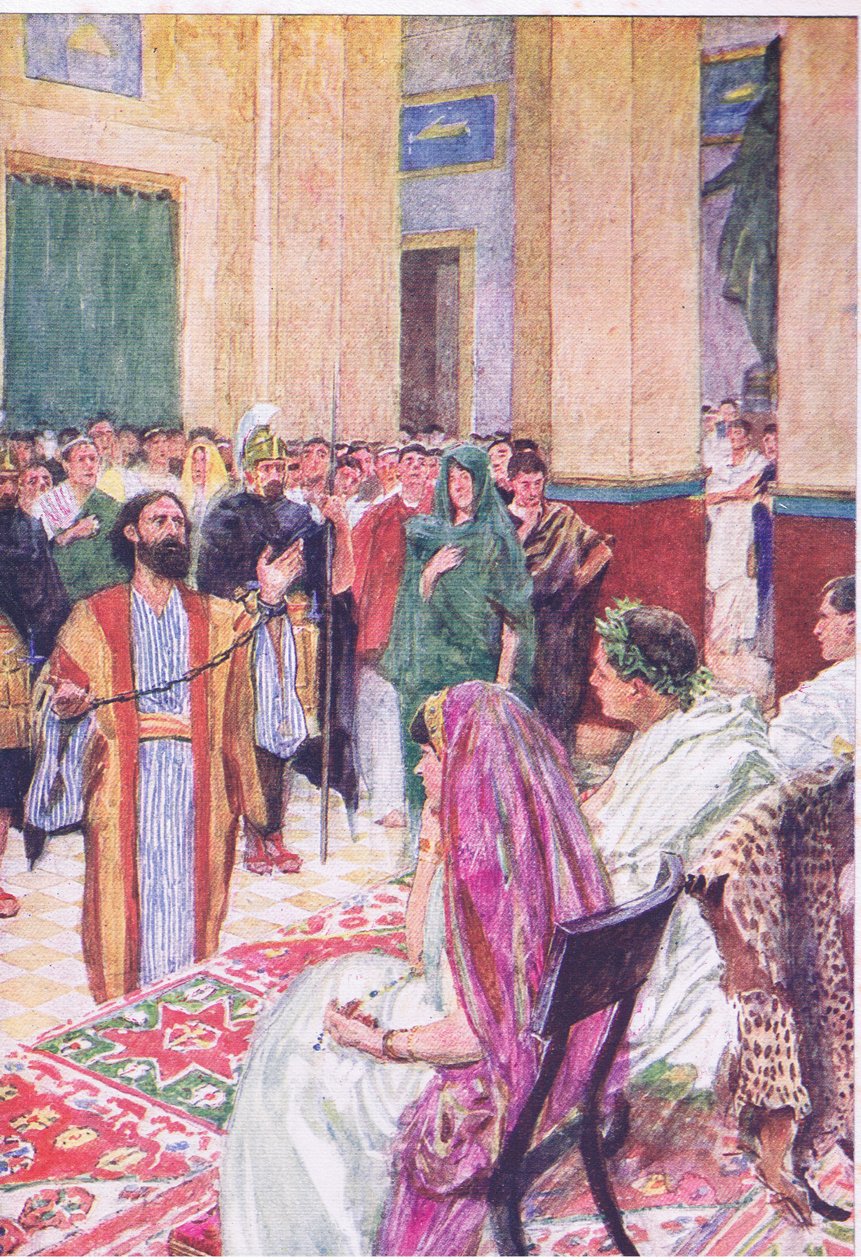 Paulus vor Agrippa, aus Die Bibelgeschichte, veröffentlicht von Hodder & Stoughton, ca. 1930 (Farblithografie) von William Hatherell