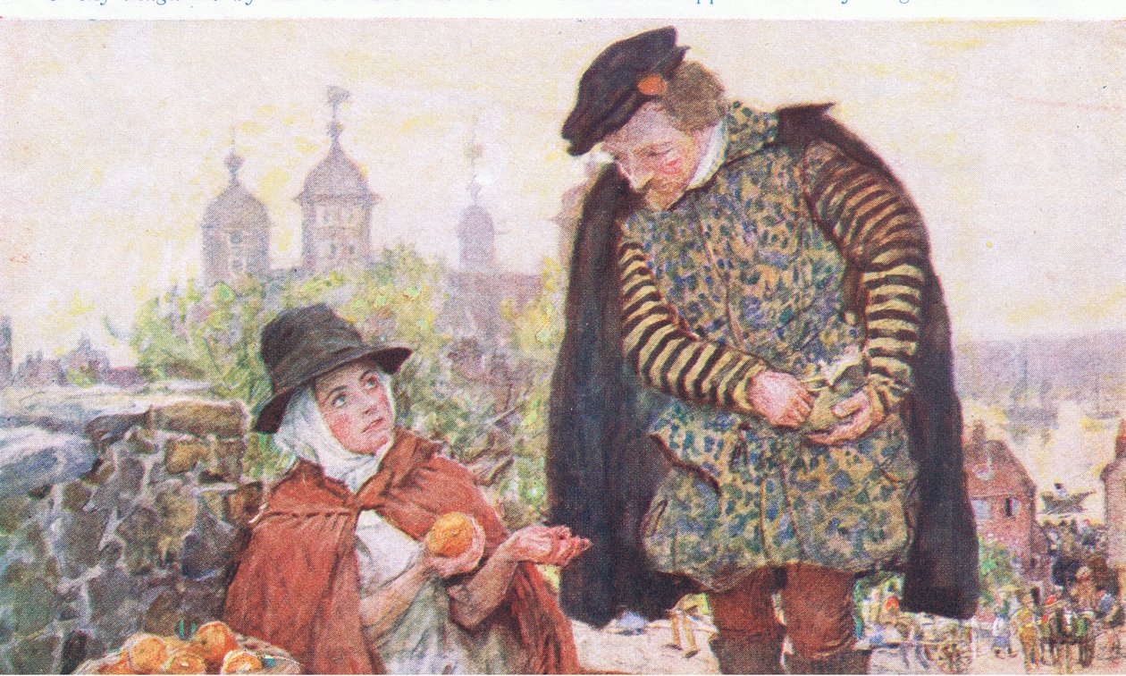 Shakespeare kauft eine Orange von einer Frau auf dem Tower Hill, aus My Magazine, veröffentlicht 1922 von William Hatherell
