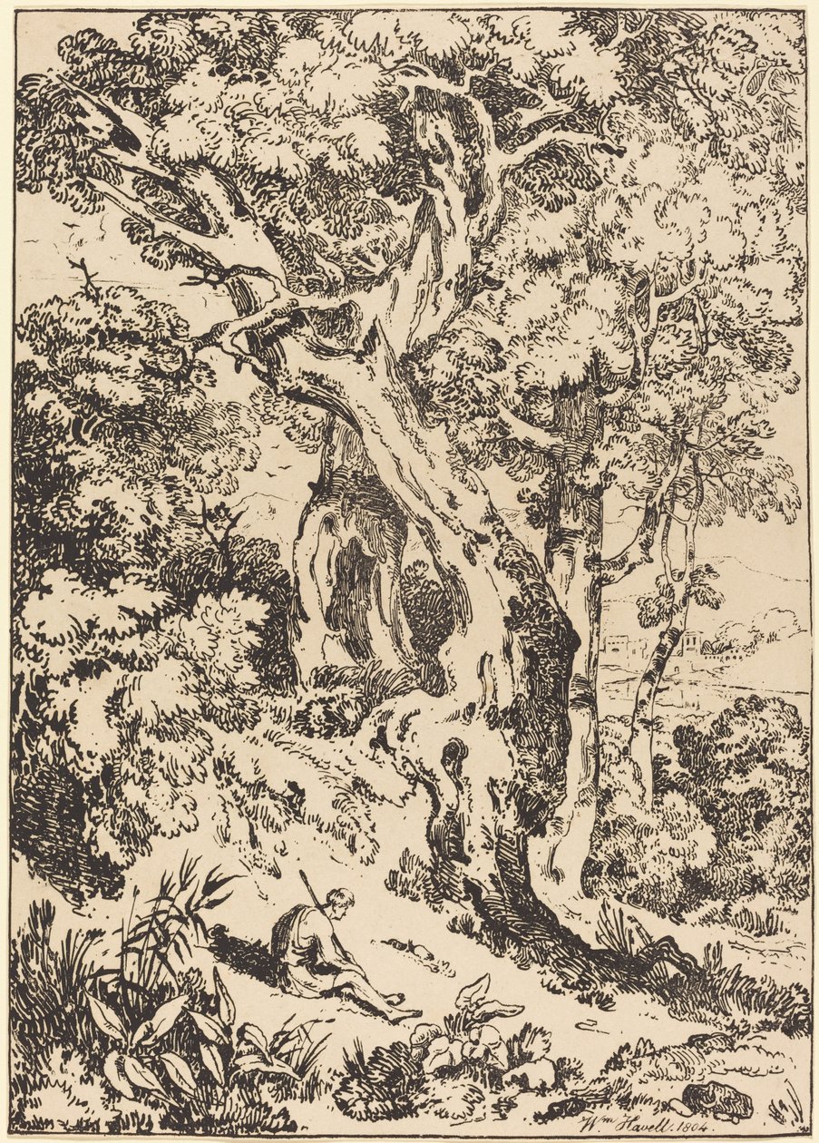 Studie von Bäumen und Sträuchern mit sitzender Figur von William Havell
