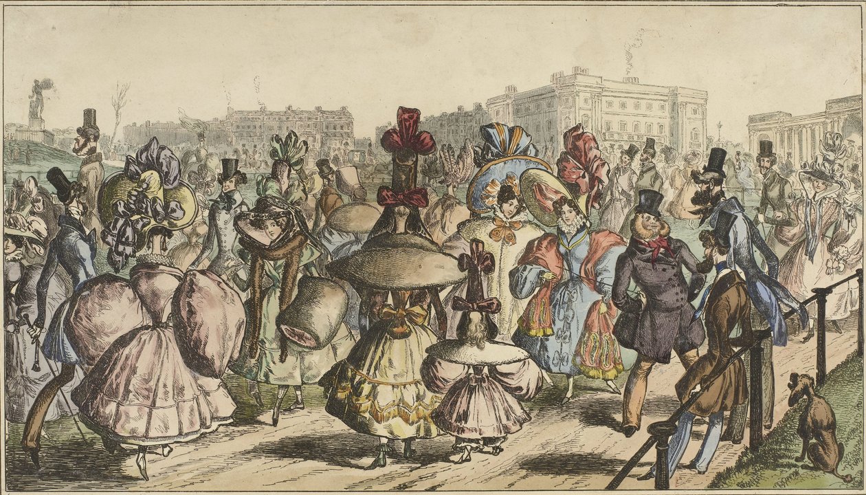 Männer und Frauen in auffälliger Kleidung spazieren in einem Park in einer Stadt von William Heath