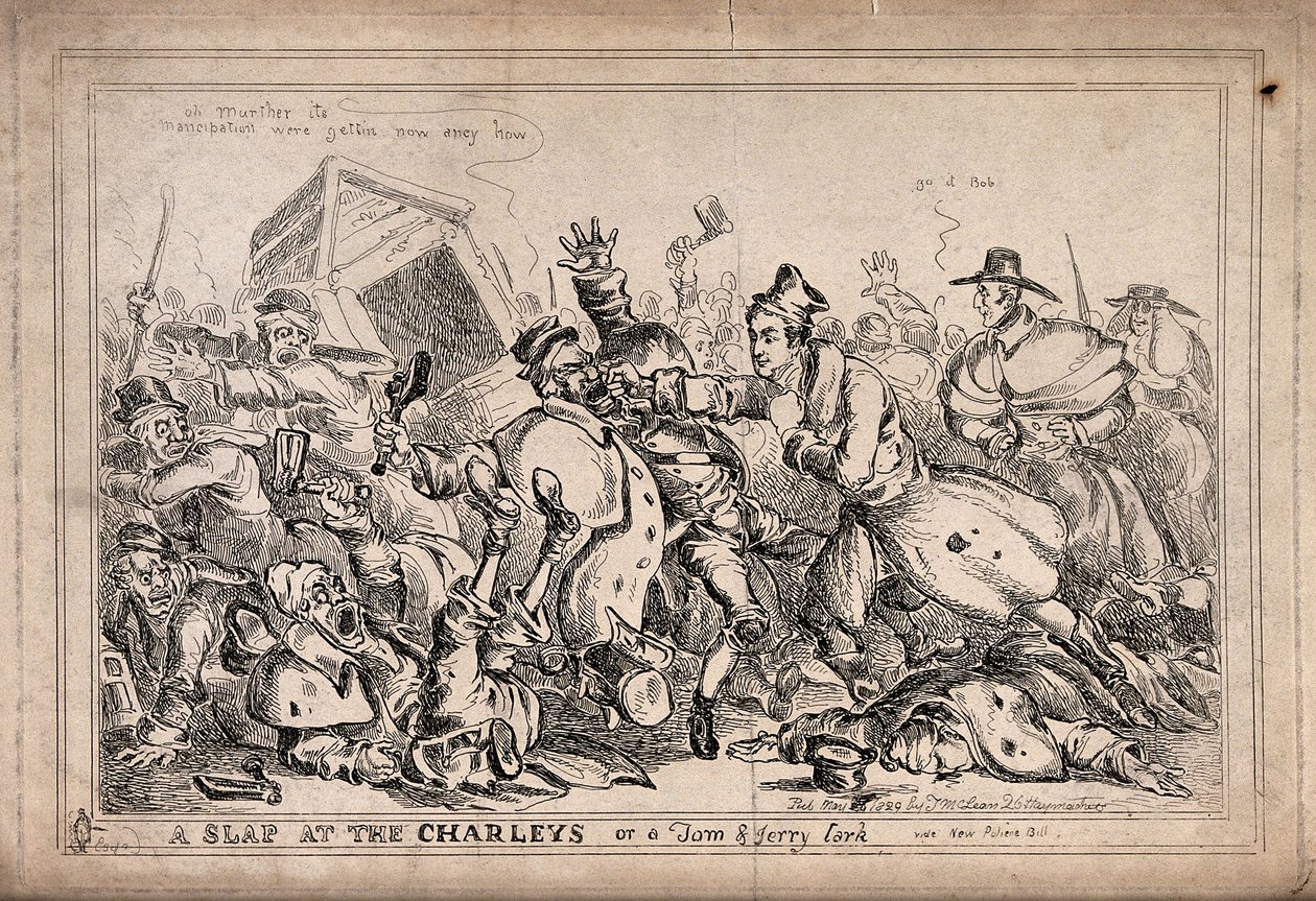 Robert Peel als Boxer, der Nachtwächter angreift, um sie durch die Polizei zu ersetzen. Radierung von Paul Pry (W. Heath). von William Heath