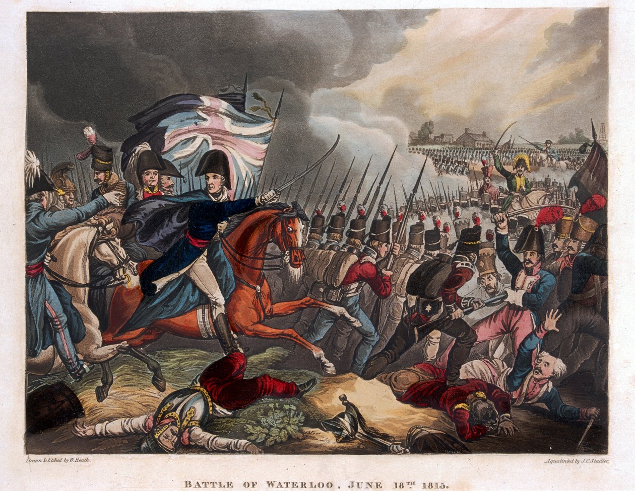 Der Herzog von Wellington (1769-1852) mit vorrückenden Truppen in der Schlacht von Waterloo, Illustration aus einem erzählenden Gedicht von Dr. Syntax, 1818 von William Heath
