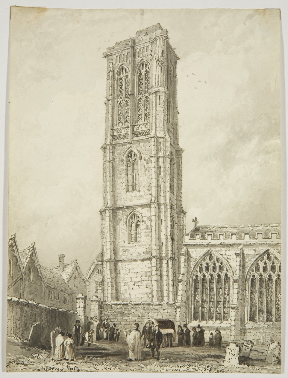 Außenansicht der Temple Church, zeigt eine Beisetzung, ca. 1825 von William Henry Bartlett