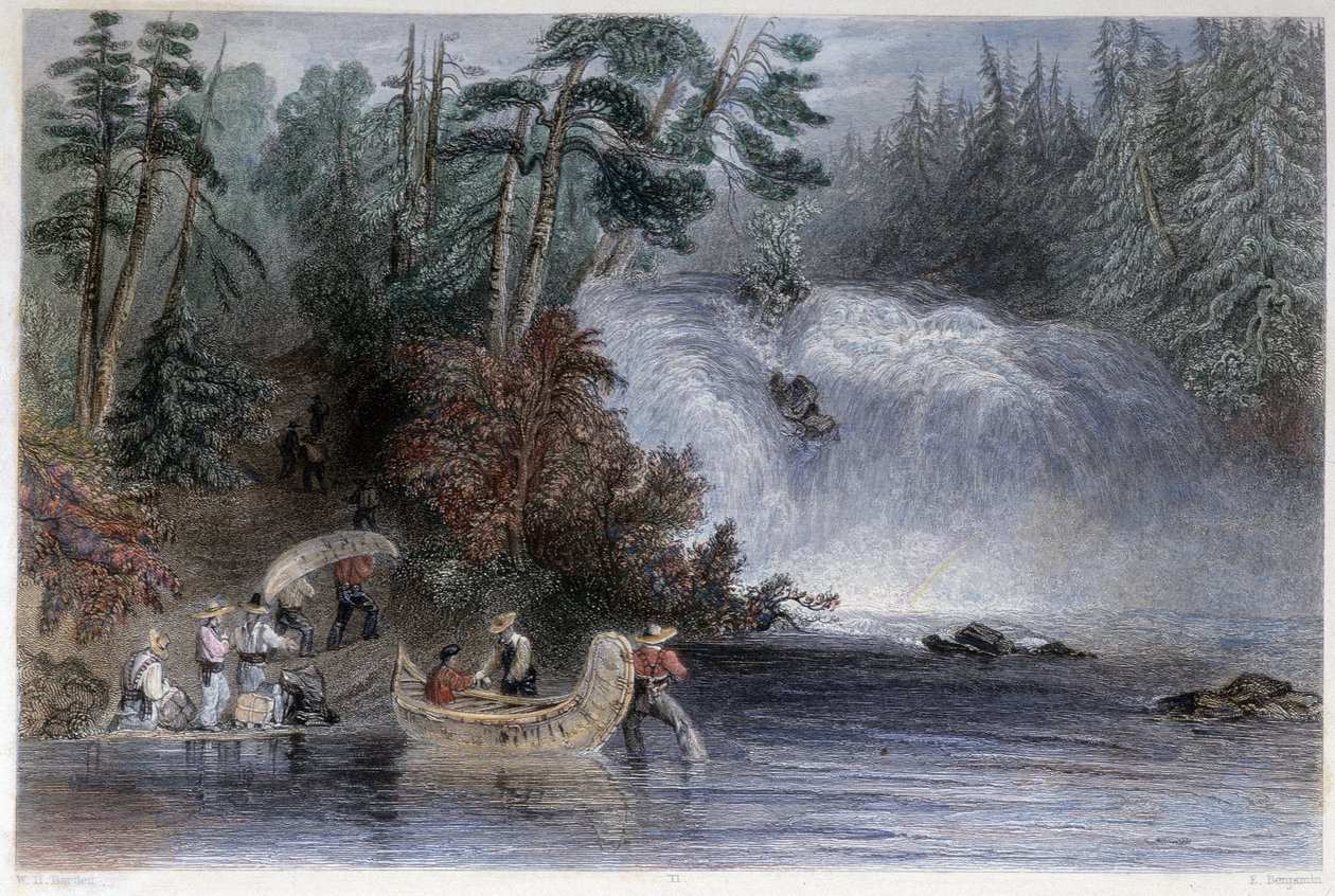 Männer tragen Kanus beim Überqueren eines Wildbachs - in „Canadian Scenery Illustrated“ von W.H. Bartlett, London von William Henry Bartlett
