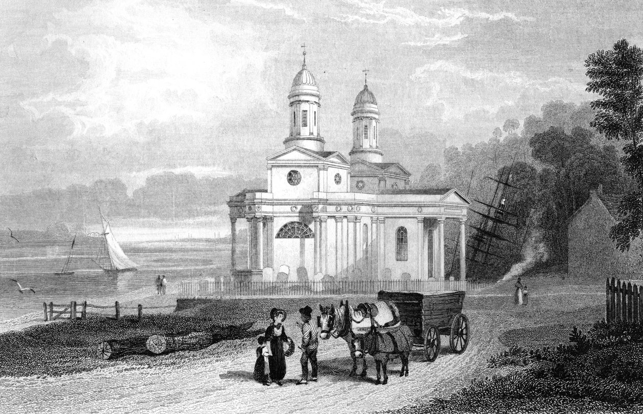 Mistley Thorn Kirche, in der Nähe von Manningtree, Essex, graviert von Henry Adlard, 1832 von William Henry Bartlett