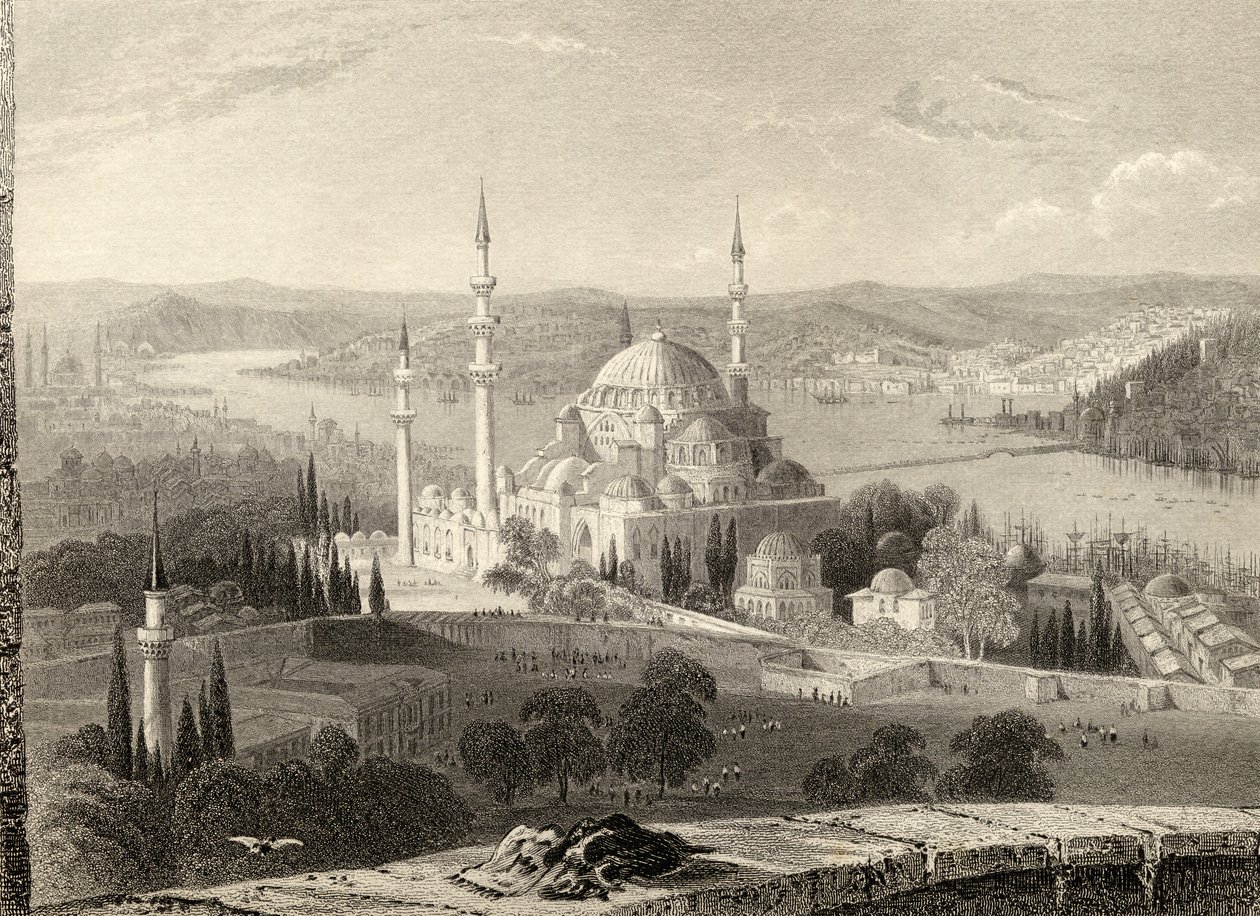 Moschee und Grab von Sulieman, vom Seraskier-Turm, Istanbul, Türkei, graviert von H. Adlard von William Henry Bartlett