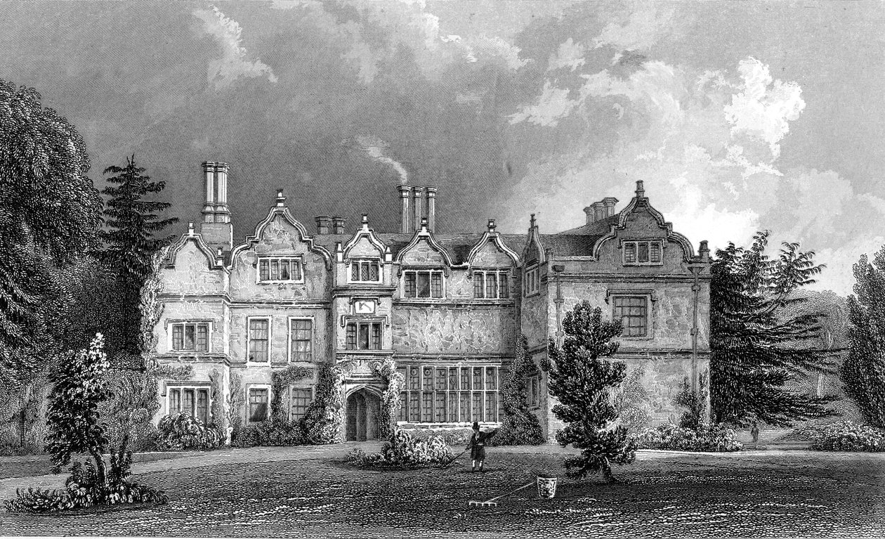 Westfassade von Spains Hall, Essex, graviert von John Rogers, 1832 von William Henry Bartlett