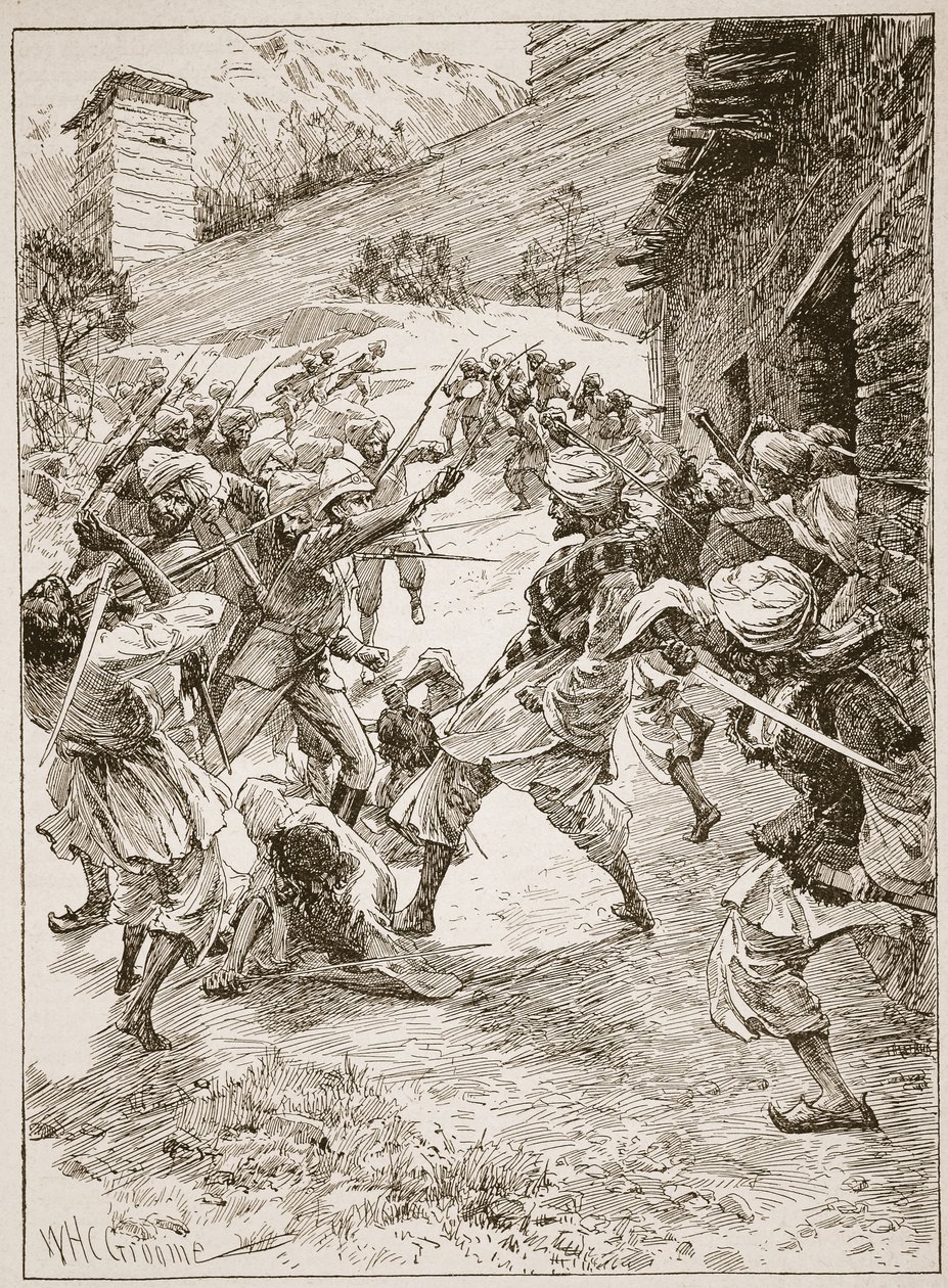Leutnant Harley, an der Spitze von vierzig Sikhs und sechzig Kaschmiris, stürmte das Haus über dem Mund der Mine, Illustration aus 