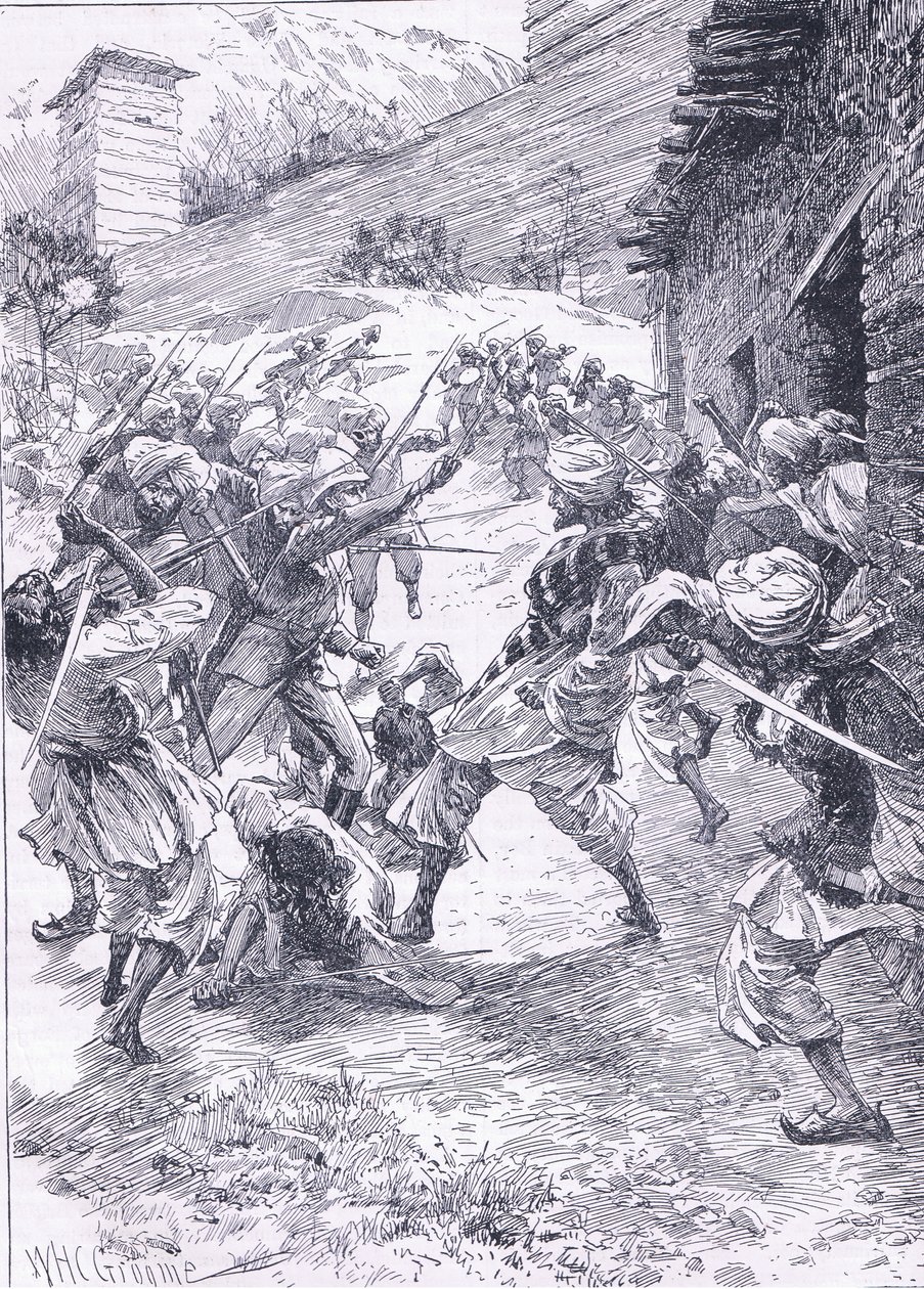 Leutnant Harley führt den Ausfall aus Fort Chitral an, Illustration aus Cassells Geschichte Englands, 1900er Jahre von William Henry Charles Groome