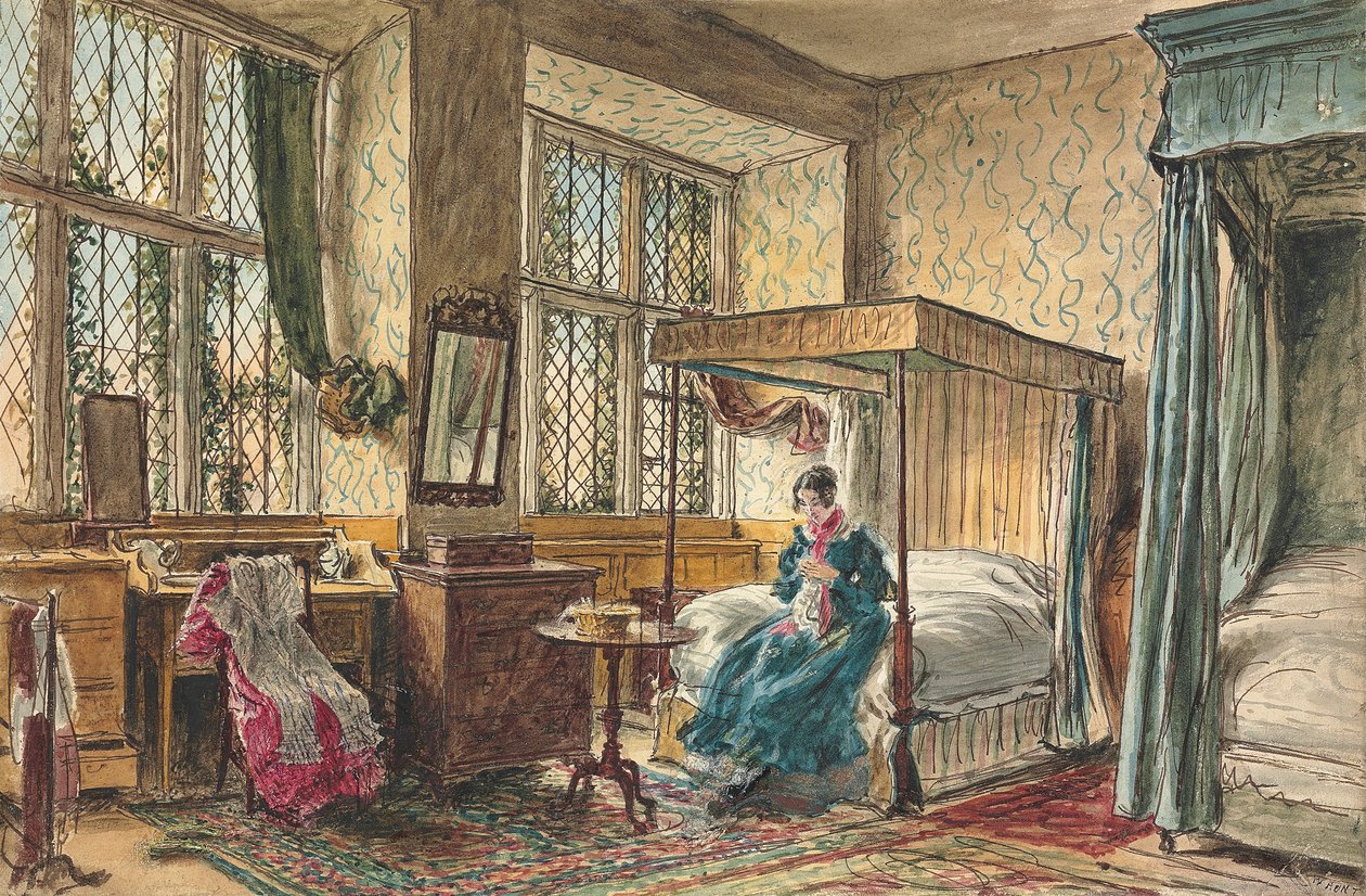 Miss Moore näht in ihrem Schlafzimmer, Hardwick Hall, Derbyshire von William Henry Hunt