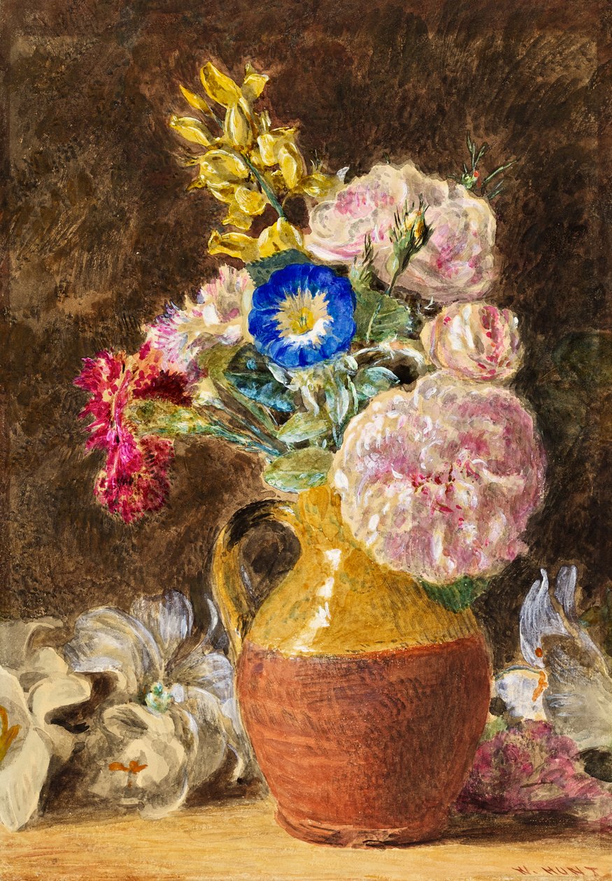 Gemischte Blumen in einem braunen und fawn Krug, ca. 1860 von William Henry Hunt