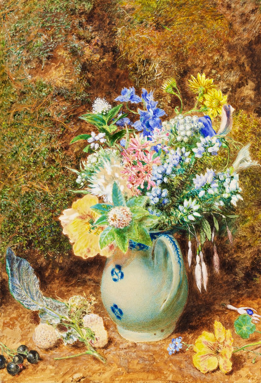 Hellblauer China-Krug mit Heidekraut und kleinen Blumen, ca. 1860 von William Henry Hunt
