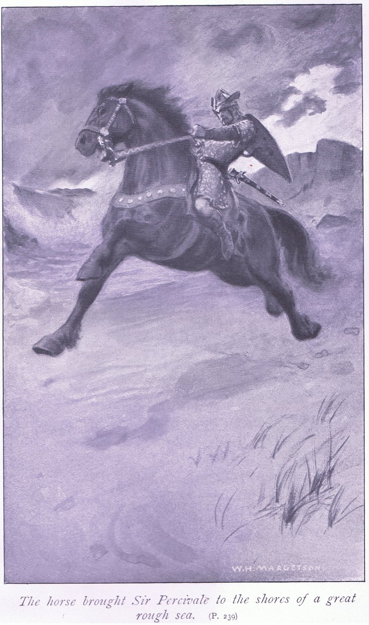 Das Pferd brachte Sir Percivale an die Ufer eines großen, rauen Meeres von William Henry Margetson