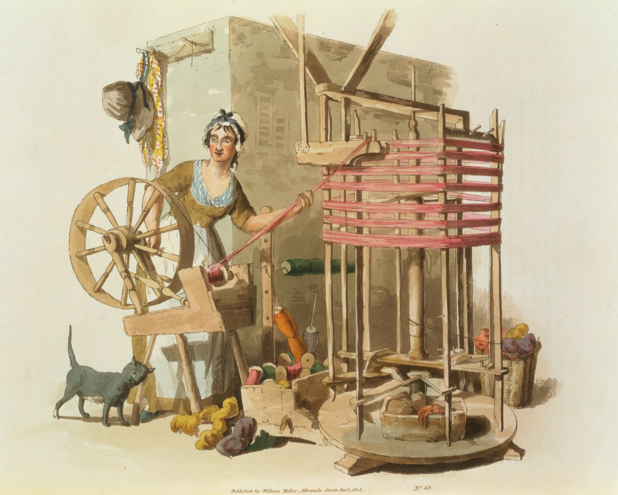 Eine Frau beim Wollspinnen, graviert vom Künstler, 1808 von William Henry Pyne