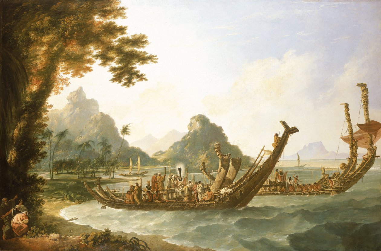 Die Kriegsschiffe der Insel Otaheite (Tahiti) und der Gesellschaftsinseln, mit einem Blick auf einen Teil des Hafens von Ohaneneno auf der Insel Ulieta, einer der Gesellschaftsinseln von William Hodges