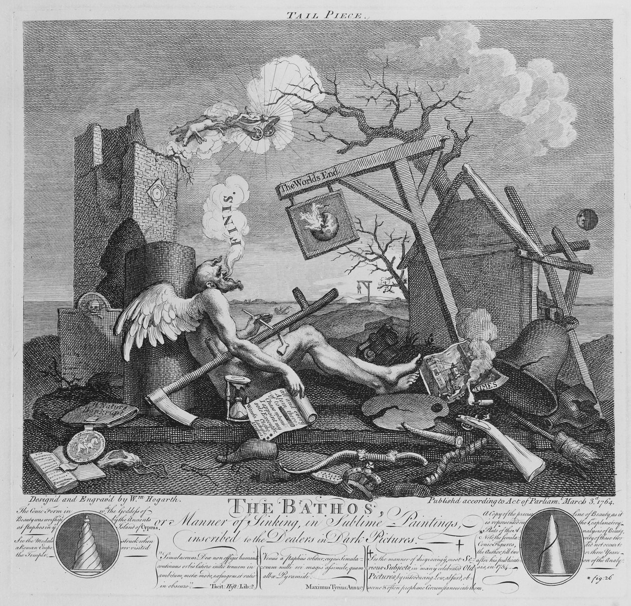 Bathos, Art des Sinkens, in erhabenen Gemälden den Händlern dunkler Bilder gewidmet, 1764 von William Hogarth