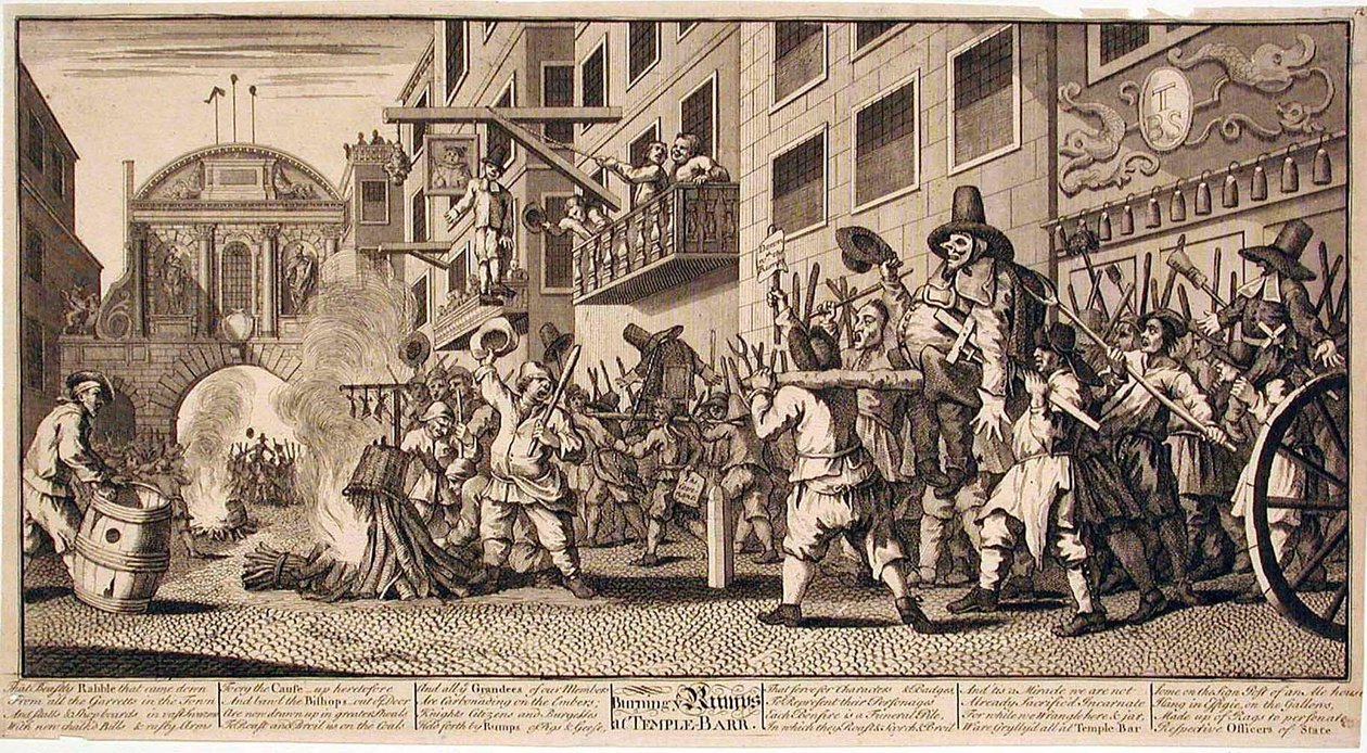 Verbrennen der Rümpfe am Temple Bar von William Hogarth
