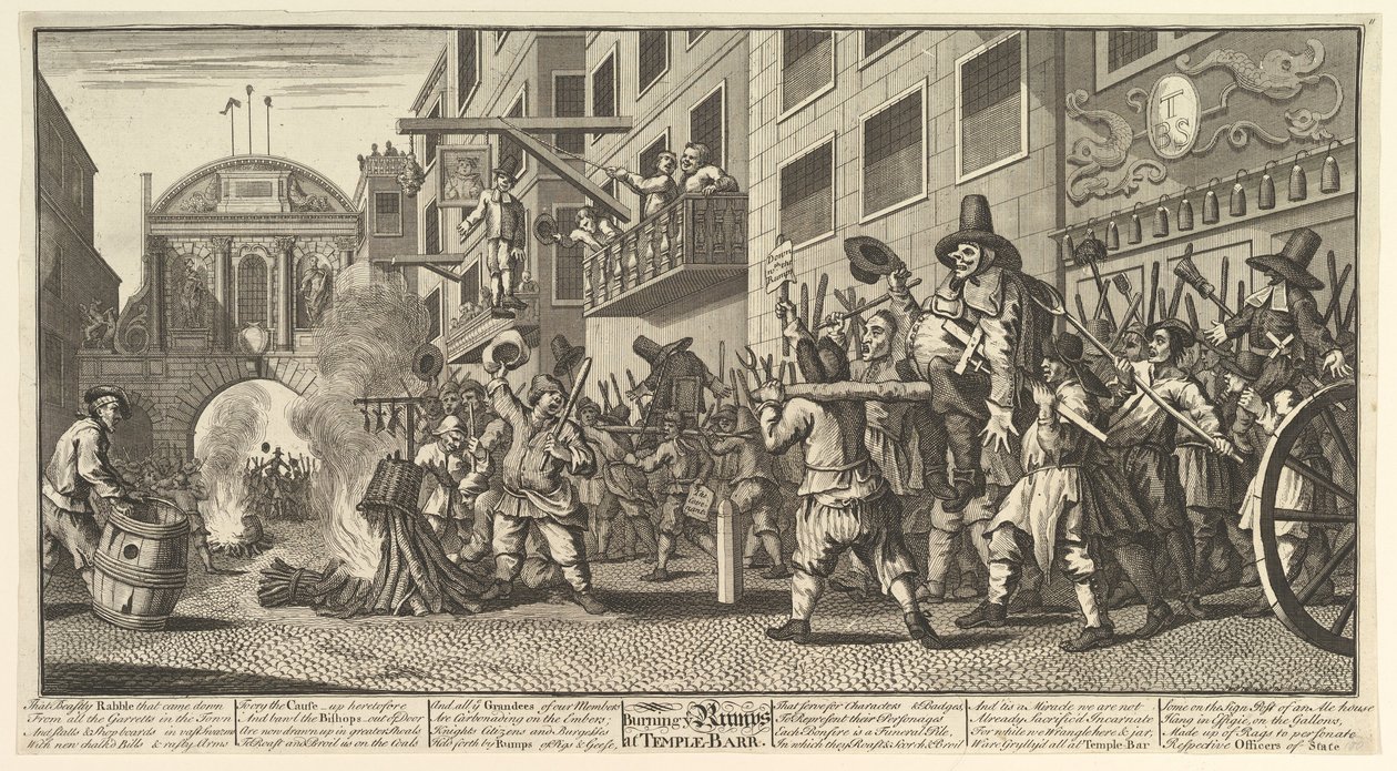 Verbrennung der Rümpfe am Temple Bar Zwölf große Illustrationen für Samuel Butlers Hudibra..., 1725-68 von William Hogarth