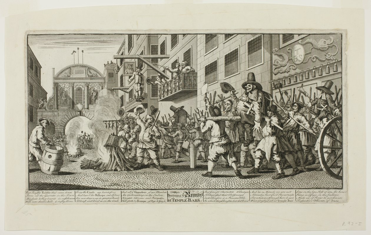 Verbrennung der Rümpfe am Temple Bar, Tafel elf aus Hudibras von William Hogarth