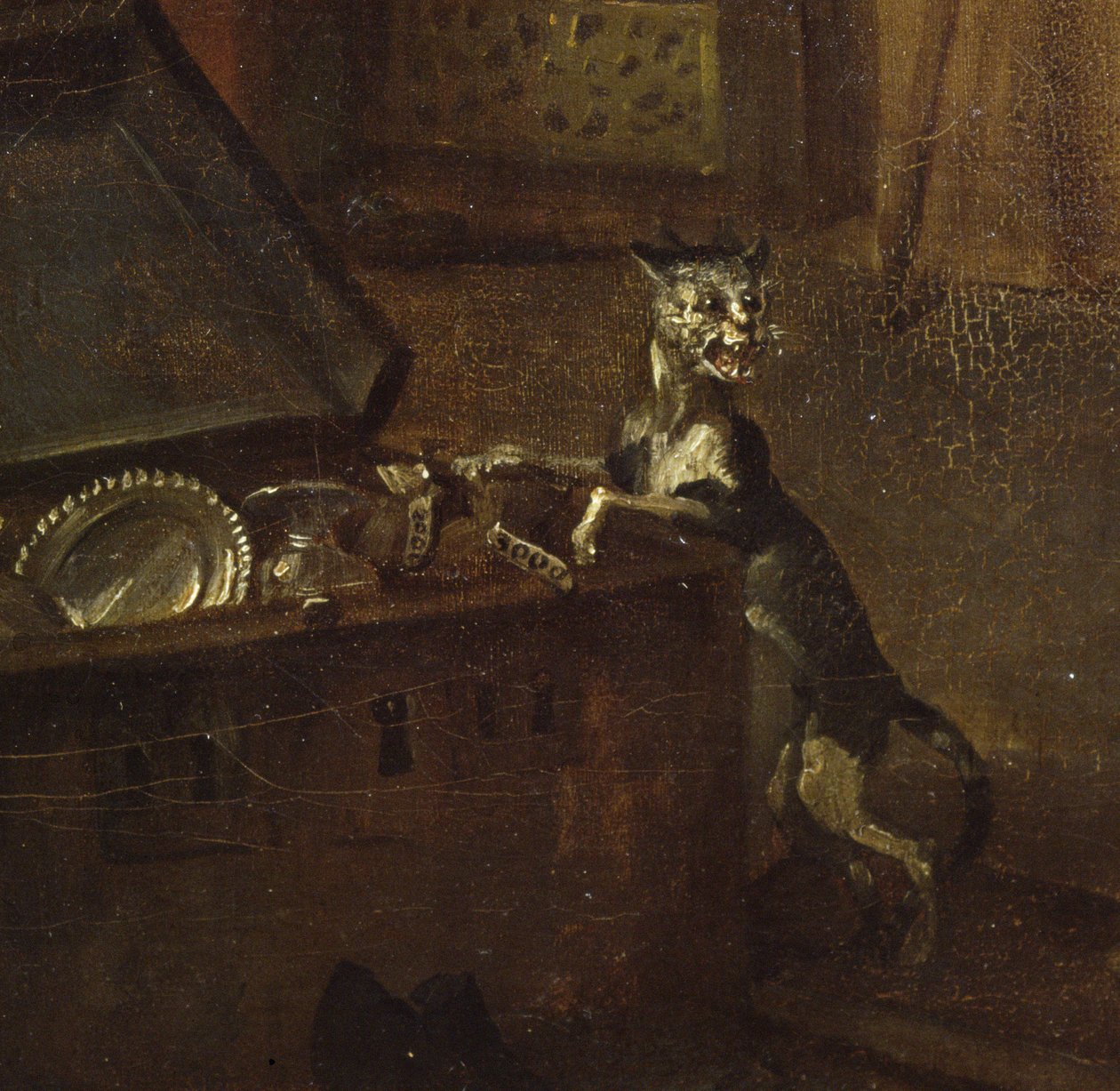 Katze mit einer Truhe, Detail aus A Rakes Progress I: Der Wüstling übernimmt seinen Besitz, 1733 (Detail) von William Hogarth