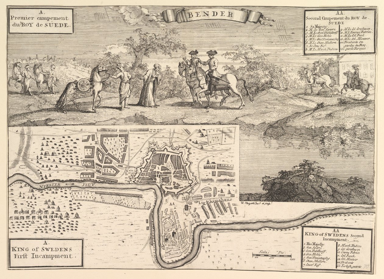Karl XII. in Bender, Aubry de La Mottrayes Reisen durch Europa, Asien und nach..., 1723-24 von William Hogarth