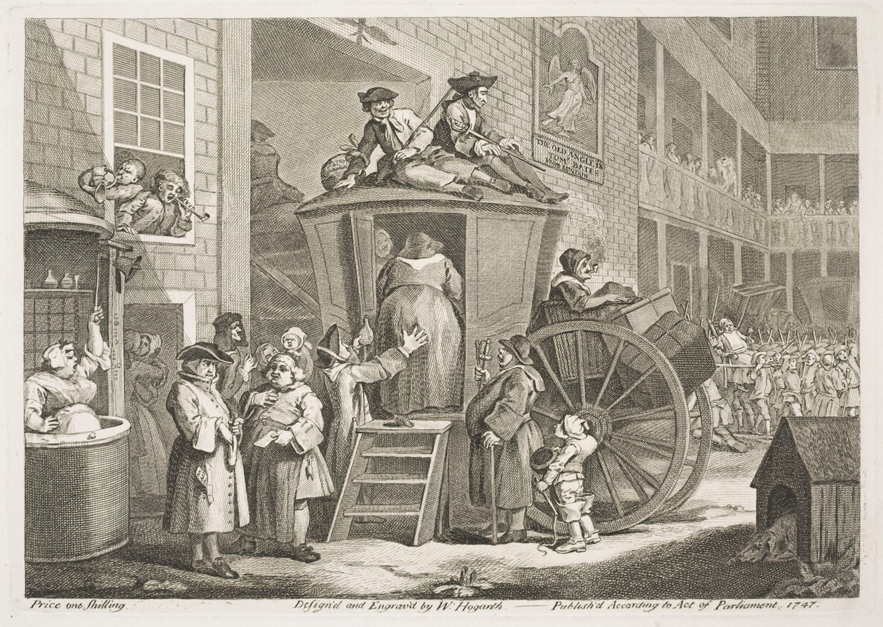Die Postkutsche oder Der Innenhof des Gasthauses auf dem Land von William Hogarth
