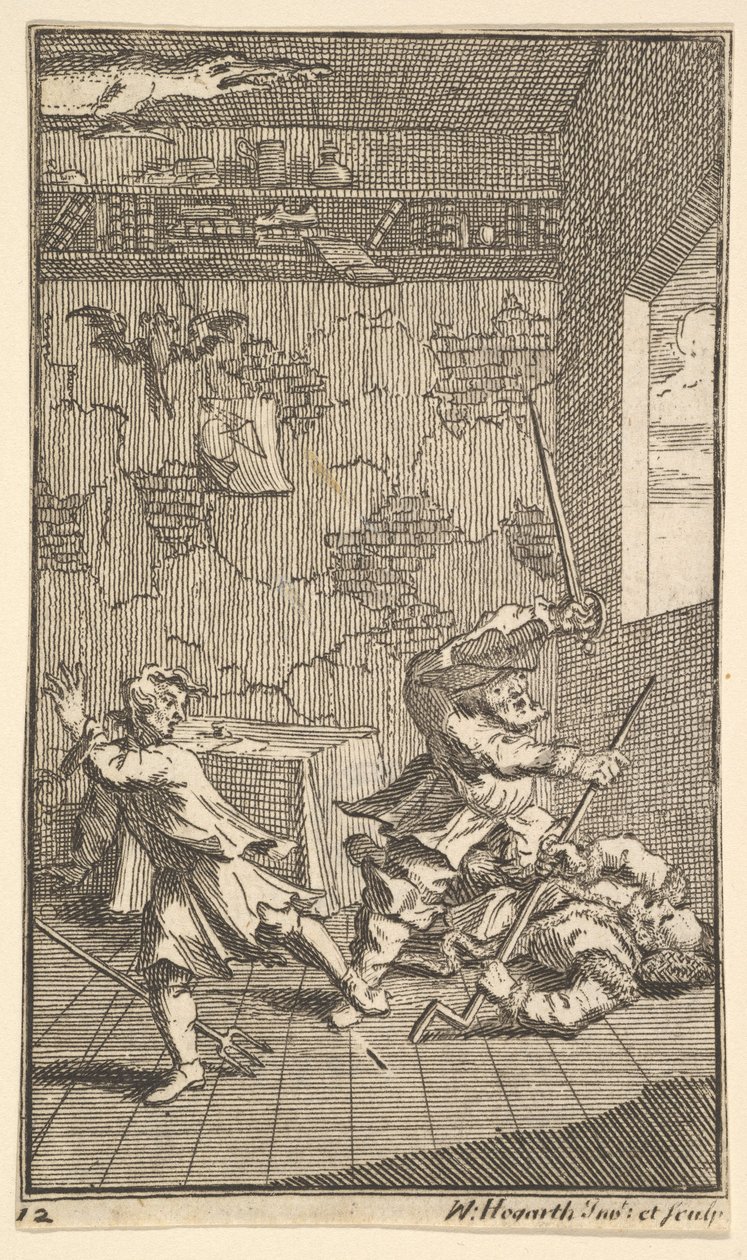 Hudibras schlägt Sidrophel und Whachum, siebzehn kleine Illustrationen für Samuel Butler, 1721-26 von William Hogarth