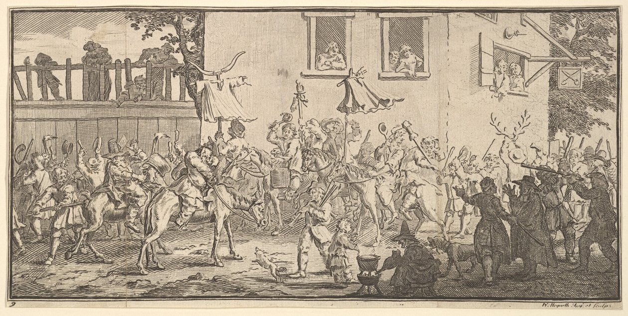 Hudibras und der Skimmington Siebzehn kleine Illustrationen für Samuel Butlers Hudibras von William Hogarth