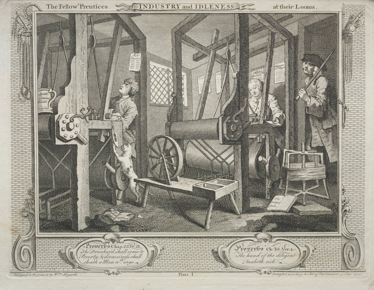Industrie und Müßiggang: Die Lehrlinge an ihren Webstühlen von William Hogarth