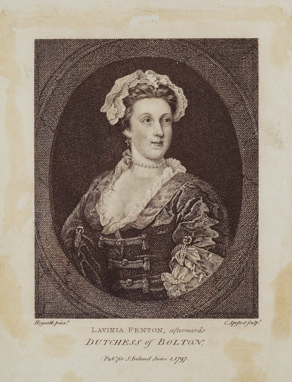 Lavinia Fenton, später Herzogin von Bolton, graviert von Cornelius Apostool (1797) von William Hogarth