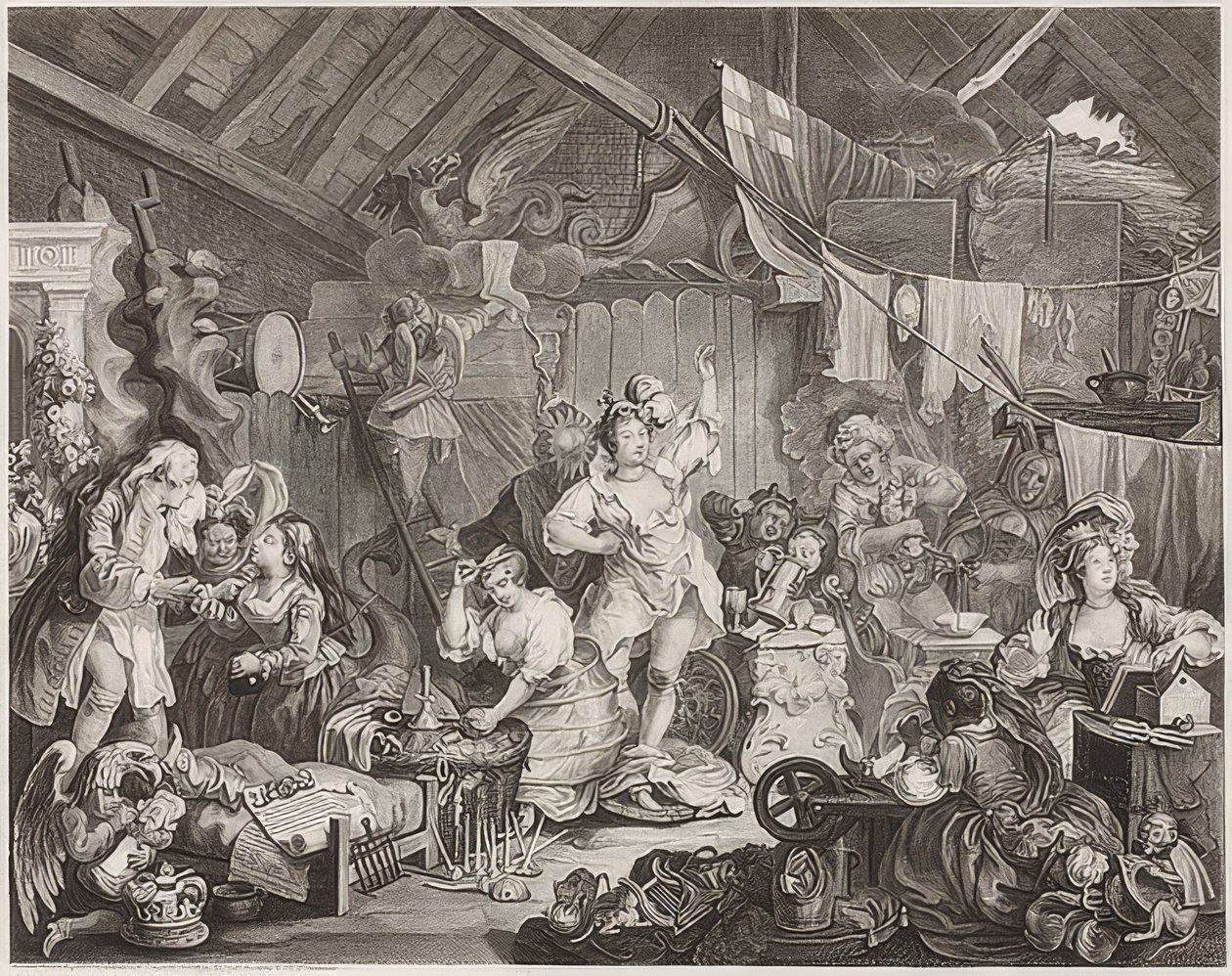 Wanderschauspielerinnen beim Umkleiden in einer Scheune von William Hogarth