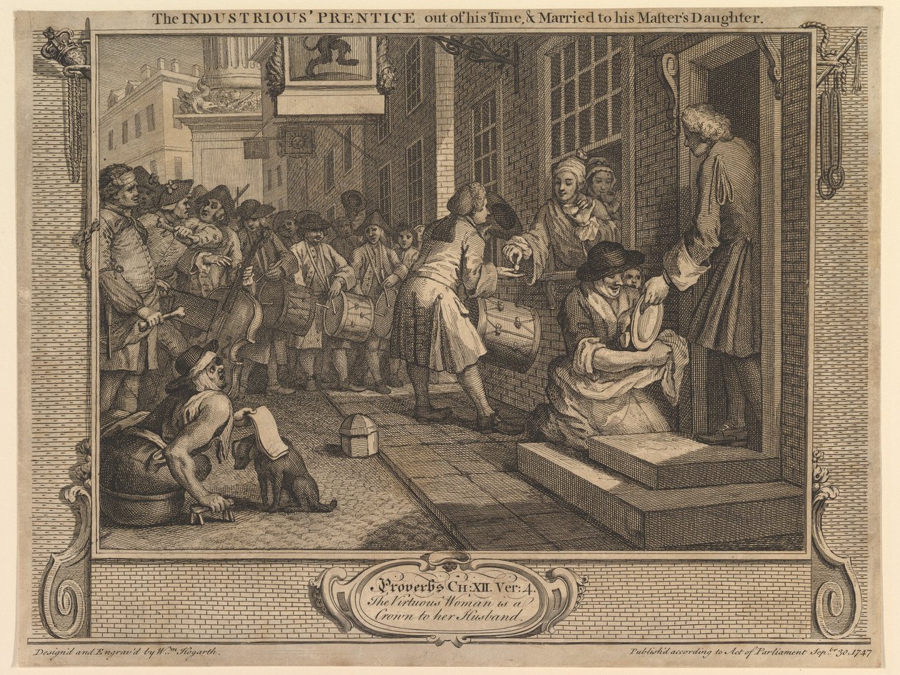 Der fleißige Lehrling nach Ablauf seiner Lehrzeit und verheiratet mit der Tochter seines Meisters: Fleiß und Faulheit, Tafel 6 von William Hogarth