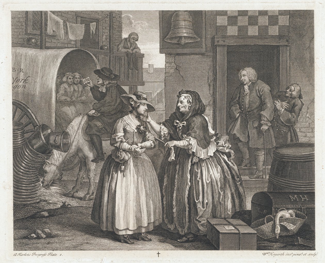 Das unschuldige Mädchen wird zur Hure, entworfen 1732, gedruckt 1744 von William Hogarth
