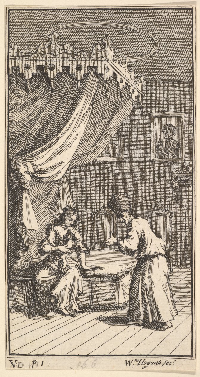 Die neue Metamorphose, Platte 5: Fantasio, in einen Schoßhund verwandelt, mit Donna The von William Hogarth