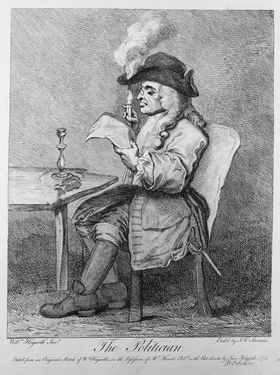 Der Politiker, Radierung von John Keyse Sherwin, 1775 von William Hogarth