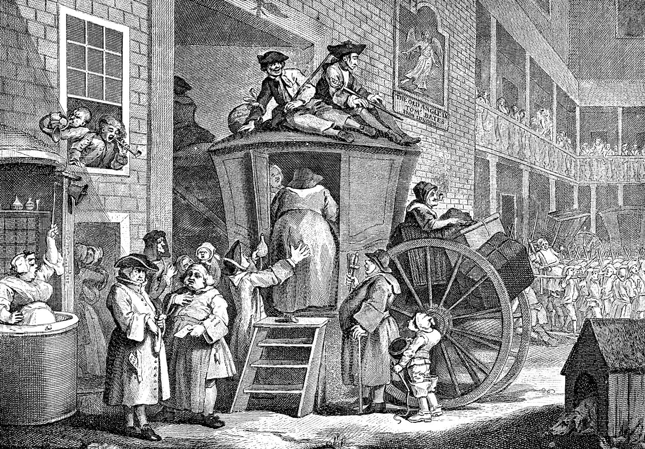 Die Postkutsche oder der Hof des Landgasthofs, 1747 von William Hogarth