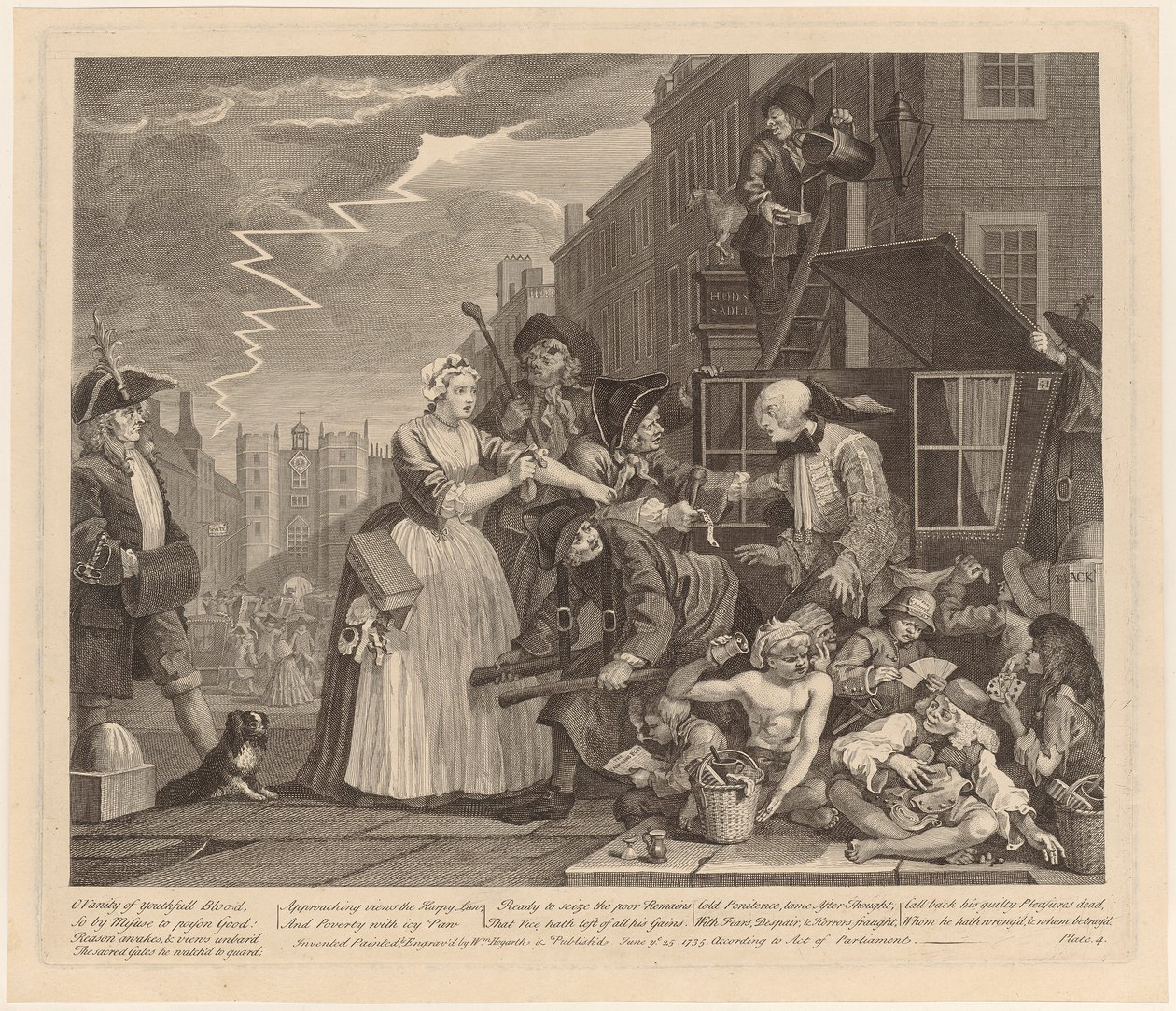Wegen Schulden verhaftet, Blatt 4 der Folge „Leben eines Wüstlings“ von William Hogarth