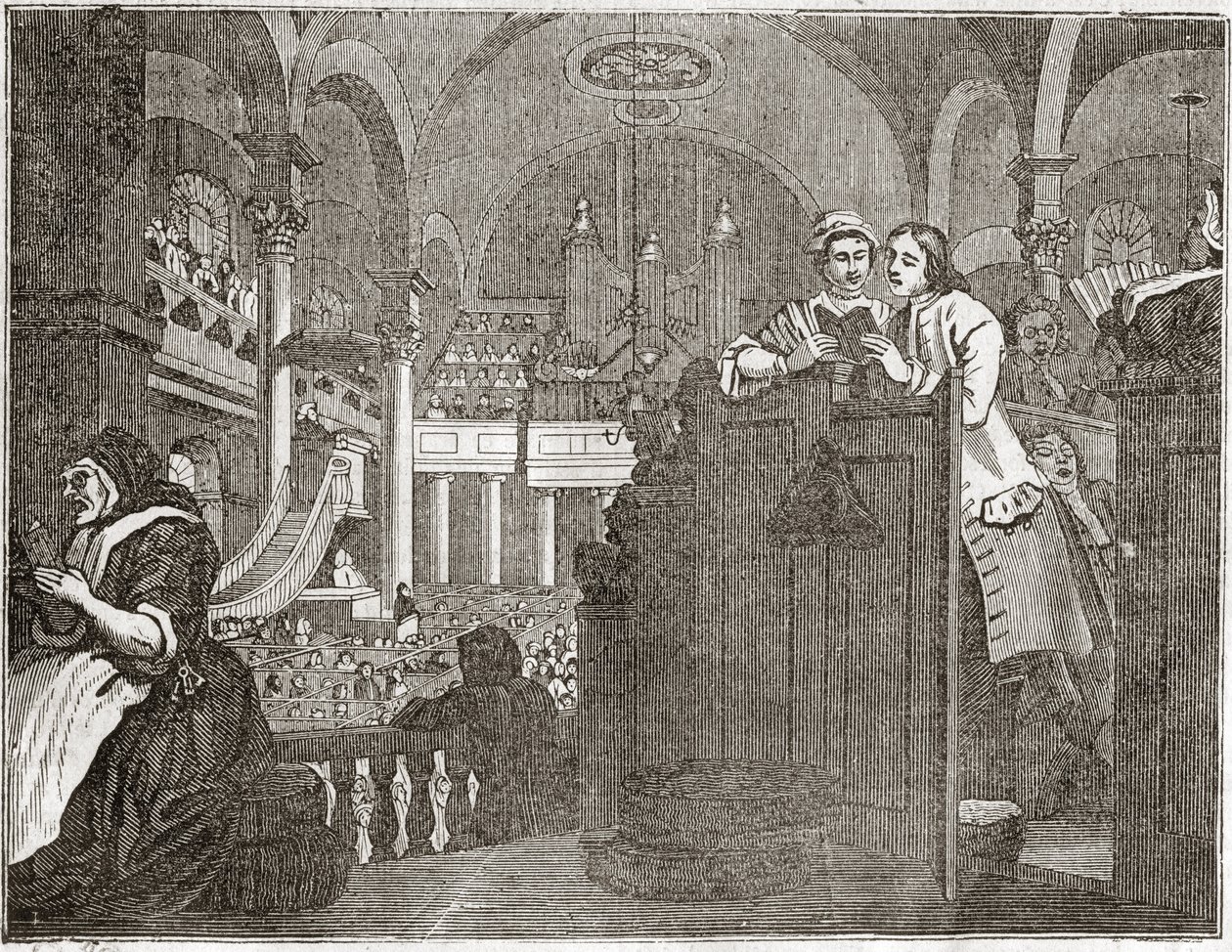 Der fleißige Lehrling, der die Pflicht eines Christen erfüllt, aus der Serie „Industry and Idleness“, Oktober 1747 - Platte aus einer Serie von 12 Stichen von William Hogarth, britischer Illustrator, betitelt „Industry and Idleness“. von William Hogarth
