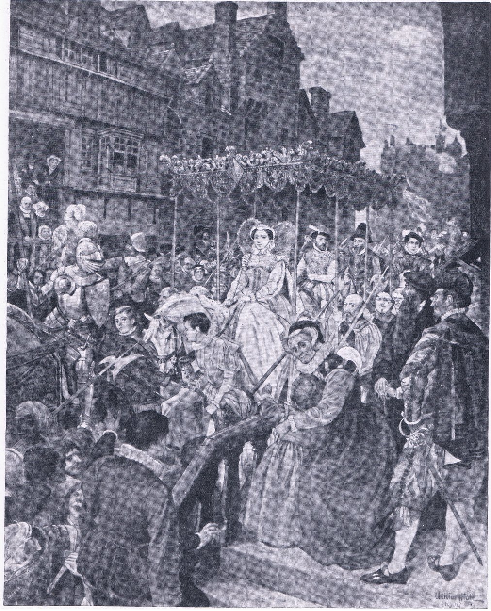 Der feierliche Einzug von Königin Maria in Edinburgh 1561, aus Cassells Geschichte des britischen Volkes, veröffentlicht von der Waverley Book Company, ca. 1950er Jahre von William Hole