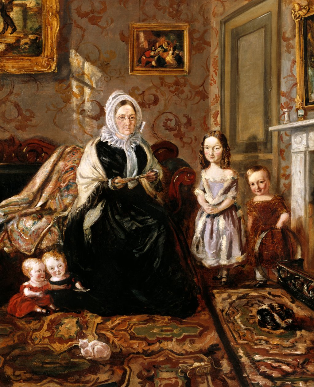 Gruppenporträt von Henry Clarks Schwiegermutter, Mrs. Davies, und vier seiner Kinder im Wohnzimmer seines Hauses, 186 High Street, Homerton, um 1846 von William Holman Hunt