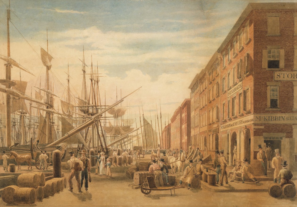 Ansicht der South Street, von Maiden Lane, New York City, ca. 1827 von William James Bennett