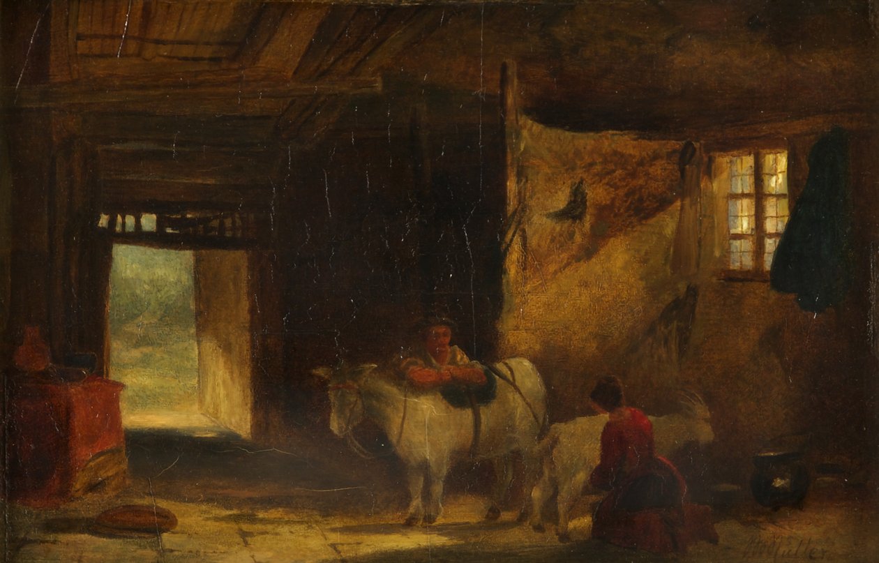 Ein walisisches Interieur mit einem Mädchen, das eine Ziege melkt von William James Muller