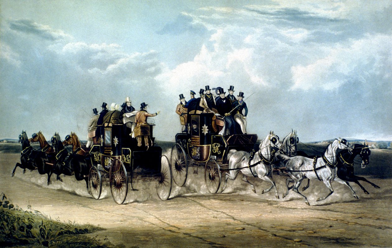 Die Brighton Day Mails überqueren Hockward Common, graviert von Charles Hunt von William Joseph (after) Shayer