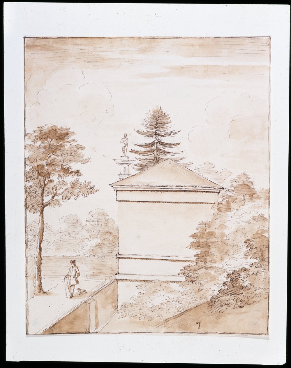 Chiswick, Ansicht der Seite des Hirschhauses vom inneren Damm des Hirschgeheges aus mit einem Blick auf die dorische Säule (Feder & Tinte auf Papier) von William Kent