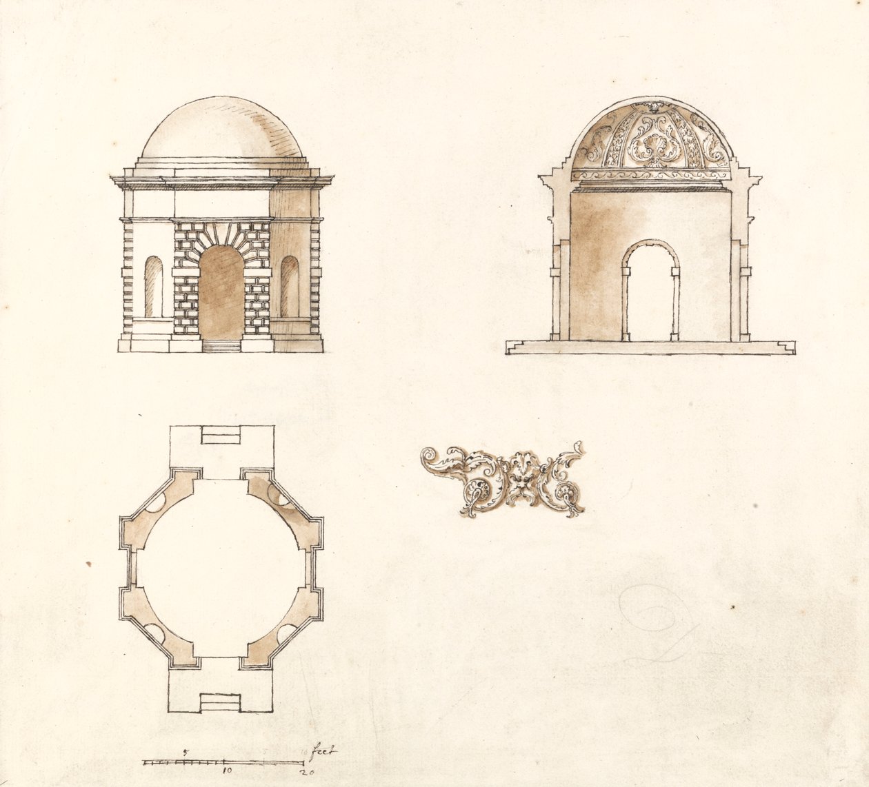 Achteckiger Tempel im Shotover Park, Oxfordshire: Plan, Schnitt und Erhebung von William Kent